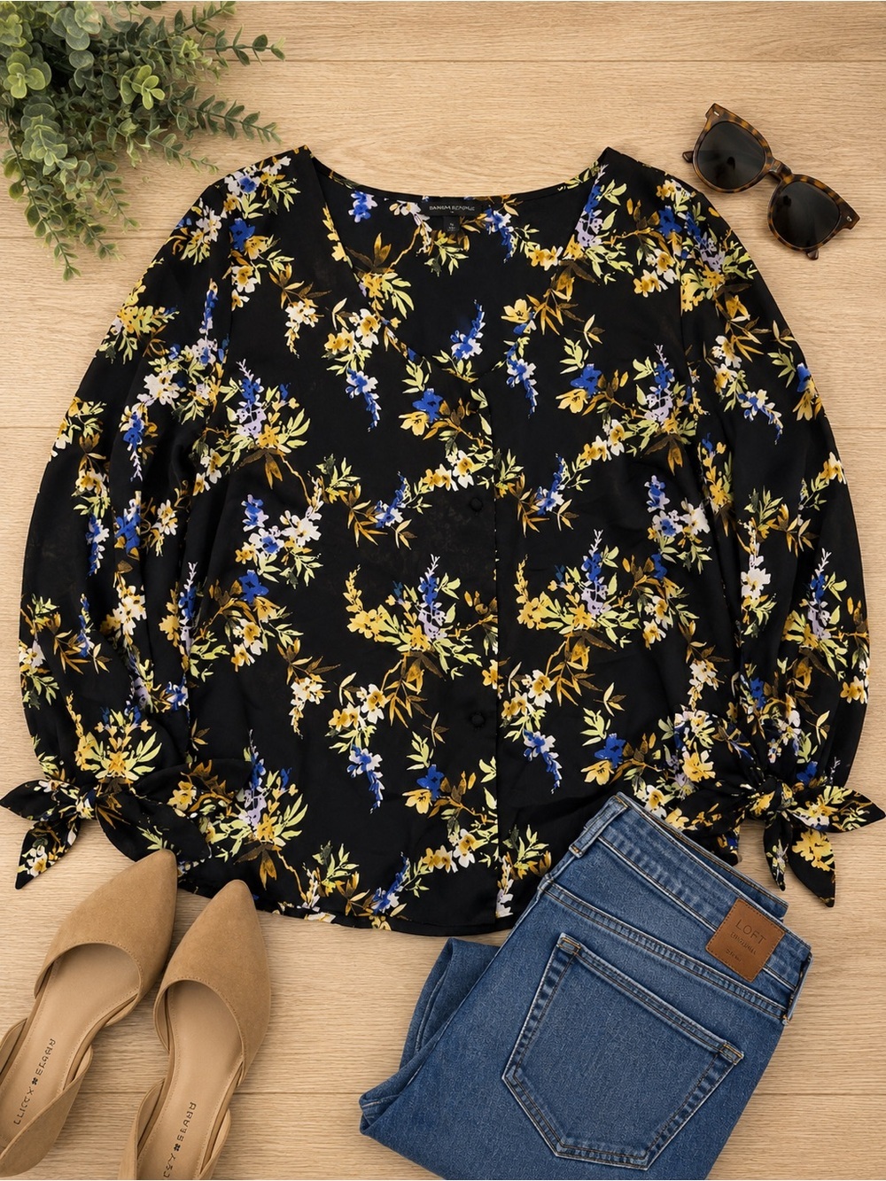 Banana Republic Floral Tie Sleeve Blouse XL Black Blue Yellow Lightweight Top